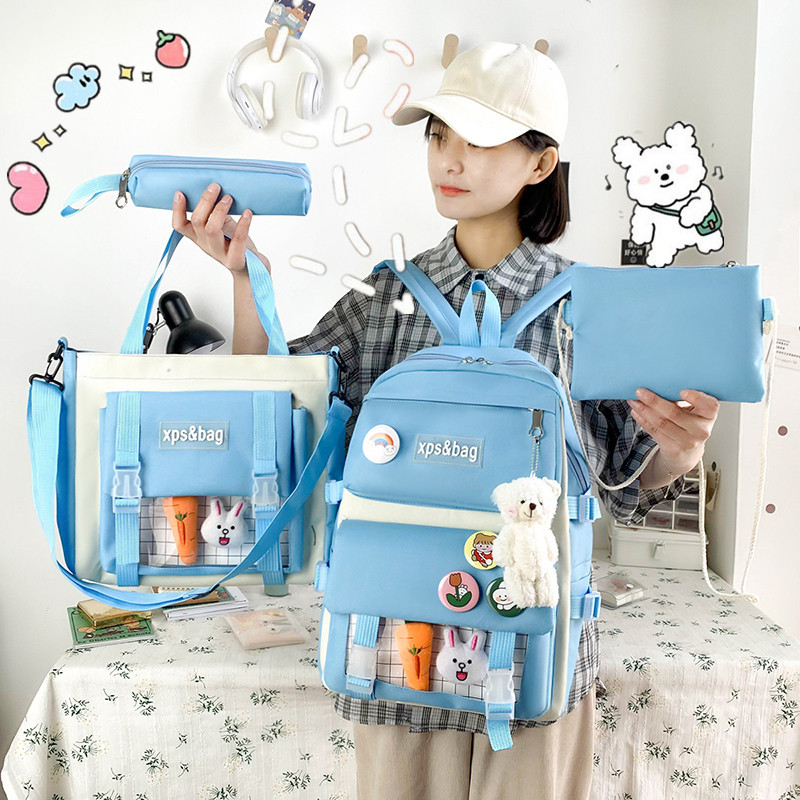 韩版潮流四件套學生書包_國小國中高中背包_大學生帆布撞色雙肩 韩版潮流四件套學生書包_國小國中高中背包_大學生帆布撞色雙肩