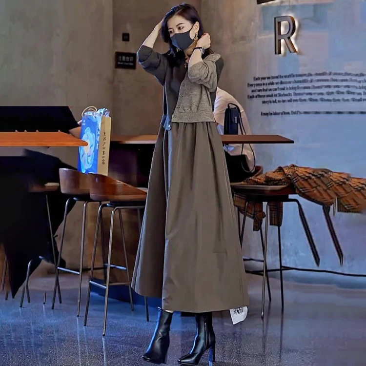 【限時活動 貨到付款】針織假兩件連衣裙，上身減齡顯氣質！